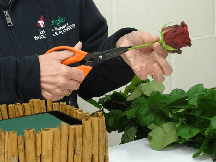 Cut the roses, leaving approx. 8 to 10cm of stem - slit the stem up and remove the guard petals (optional).