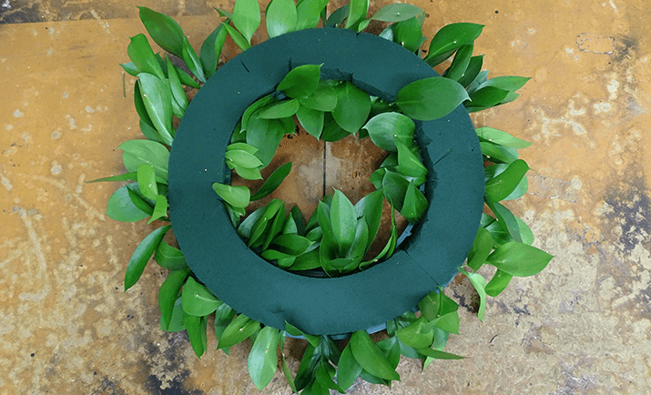 Create a base with the foliage of choice, starting at the base of the arrangement to disguise the plastic base. Here, we are using Hard Ruscus.