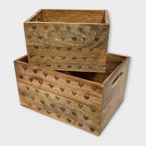 Mango Wood Heart Crates (set of 2)