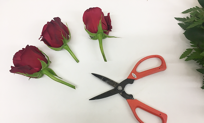 Now you have completed the base, it's time to add the flowers. First add the focal flowers, in this example we are using Red Rose Freedom. Depending on the size of the floral wreath, you can use between seven to nine roses. Using a pair of scissors, cut the stems to the required length (approx. 2").