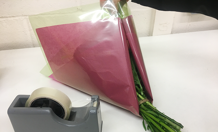 
                                                    Using one finished wrap, lay the made up bouquet on the cellophane and wrap the cellophane around the bouquet securing with sellotape (as shown in the photograph). 
                                                