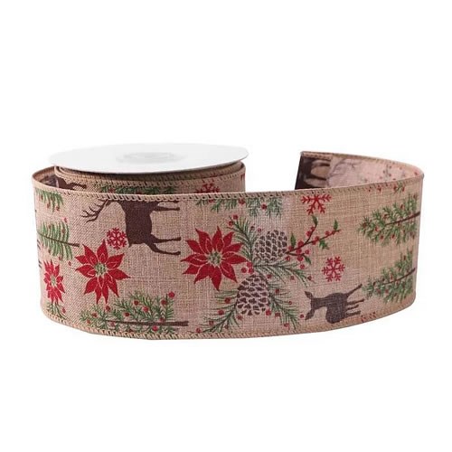 Christmas Floristry Ribbon Natural Deer & Fir | Wholesale Dutch Flowers UK