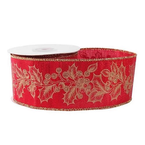 Christmas Floristry Ribbon Red Gold Holly | Wholesale Dutch Flowers UK