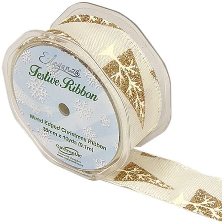 Ribbon Xmas Tree Cream/Gold Wire Edge