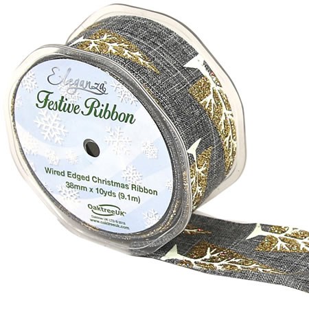 Ribbon Xmas Tree Grey/Gold Wire Edge 