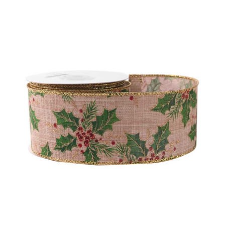 Ribbon Holly on Natural Cotton