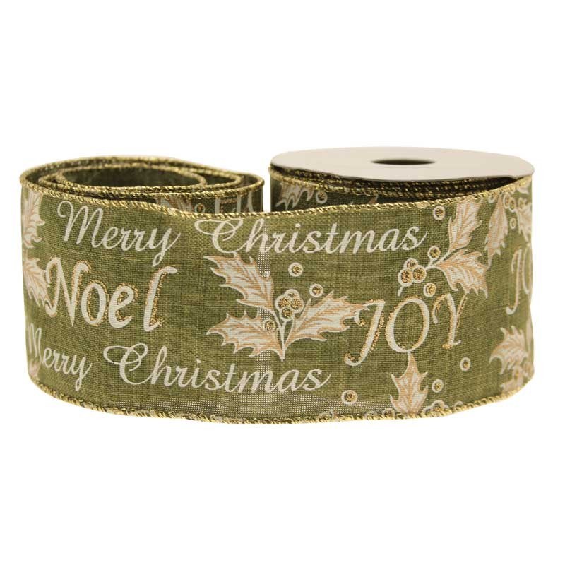 Ribbon Merry Xmas Holly Green Cotton