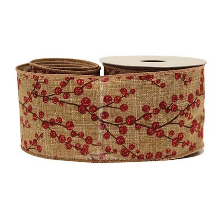 Ribbon Red Berries on Natural Cotton 