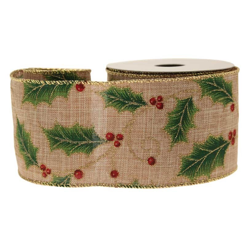 Ribbon Holly Berries Natural Cotton