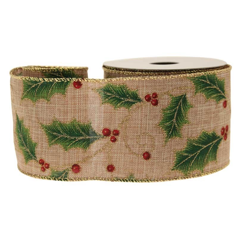 Ribbon Holly Berries Natural Cotton 