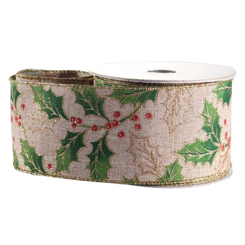 Ribbon Holly Berries Natural Fabric