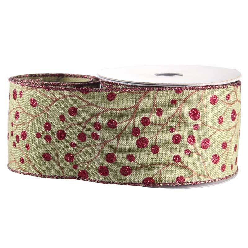 Ribbon Red Glitter Berry Natural Fabric 