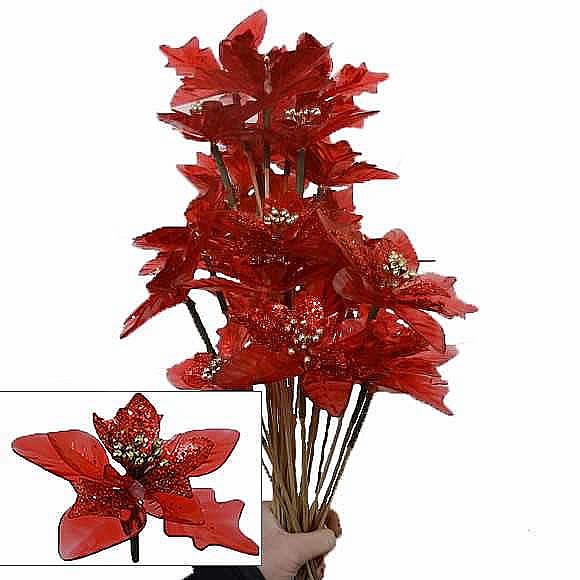 Artificial Poinsettia Picks - Sparkly Red