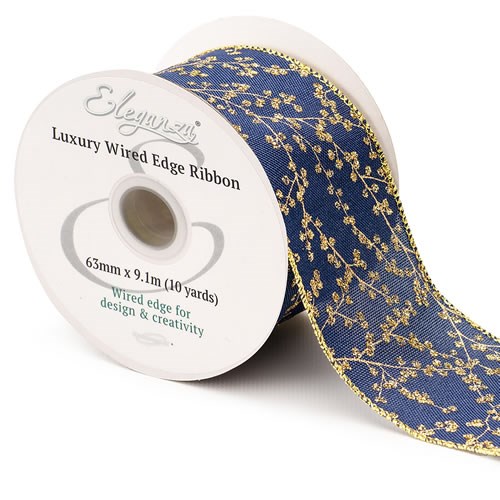 Ribbon - Xmas Glitter Berries Gold & Navy (Wire Edge)