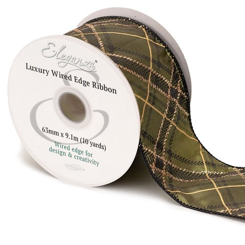 Ribbon - Xmas Green & Black Check (Wire Edge)