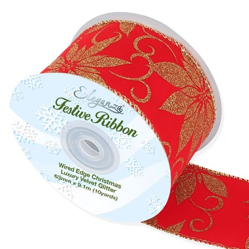 Ribbon - Xmas Poinsettia Glitter Red & Gold (Wire Edge)