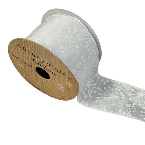 Christmas Floristry Ribbon White Glitter & Snowflakes 63mm | Wholesale ...