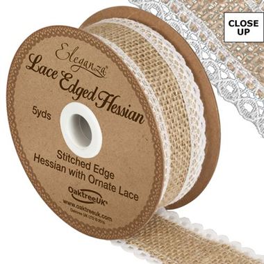 Ribbon - Hessian & White Lace 36mm (lace edge)