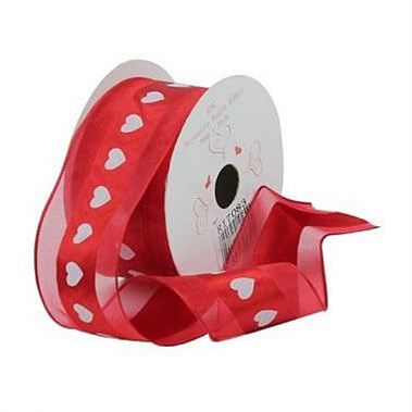 Red Ribbon & White Hearts - 38mm x 10 yds