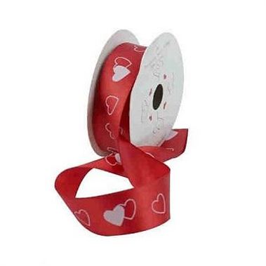 Red Ribbon & White Hearts - 25mm x 10 yds