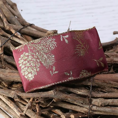 Ribbon Burgundy - Gold Fir & Cones