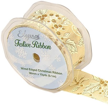 Ribbon Christmas Gold/Ivory Holly & Mistletoe