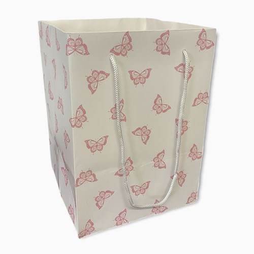 Hand Tied Gift Bag - White/Pink Butterflies18x25cm