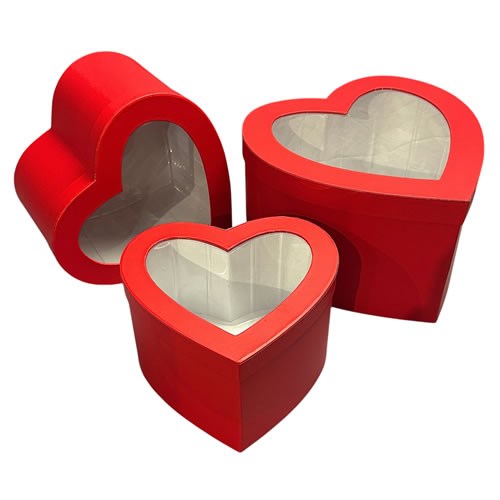 Hat Boxes - Red Hearts with Window (Set of 3)