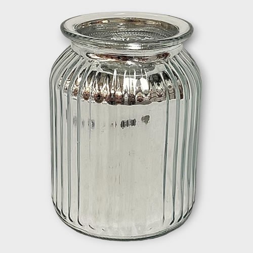 Jar - Glass Ribbed Metallic Silver 14.5cm