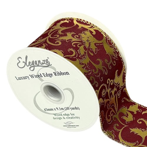 Ribbon - Festive Burgundy & Gold Filigree (Wire Edge)