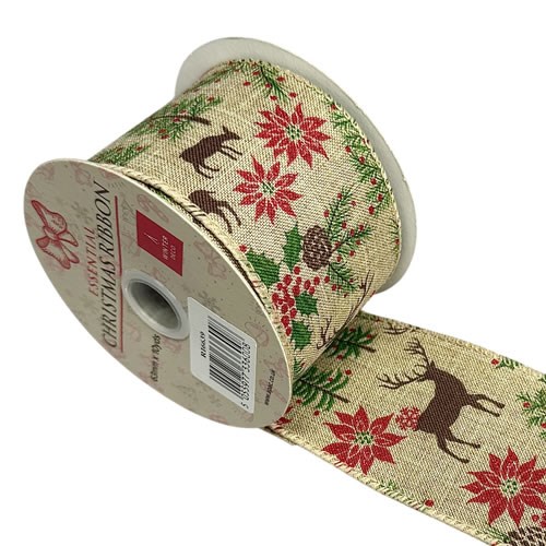 Ribbon - Festive Deer, Fir & Poinsettia
