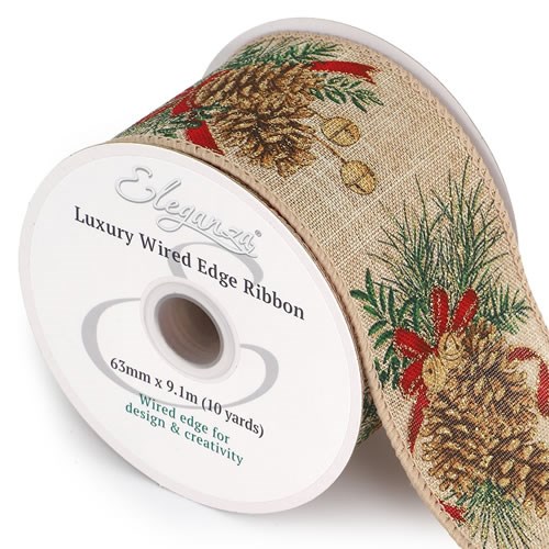 Ribbon - Festive Pine Cone Glitter (Wire Edge)