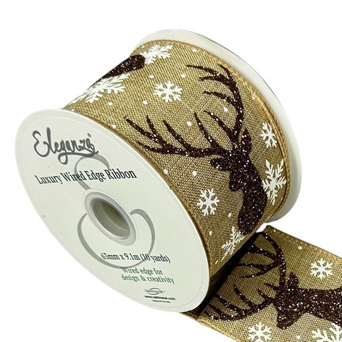 Ribbon - Festive Stag & Snowflakes (Wire Edge)