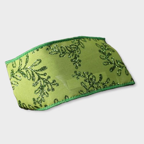 Ribbon - Green Glitter Leaf (Wire Edge)