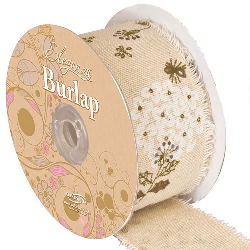 Ribbon Natural Burlap Illustrated Flowers - 50mm