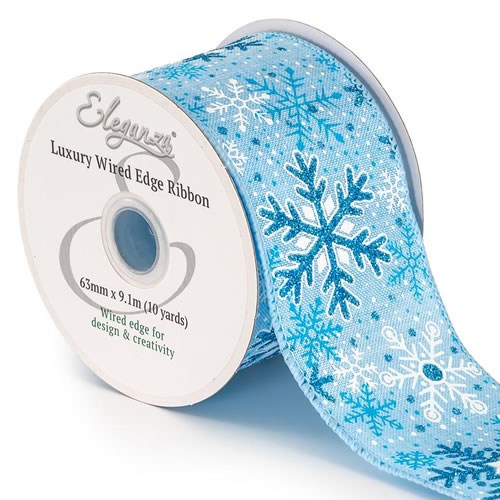 Ribbon - Snowflake White/Blue Glitter (Wire Edge)