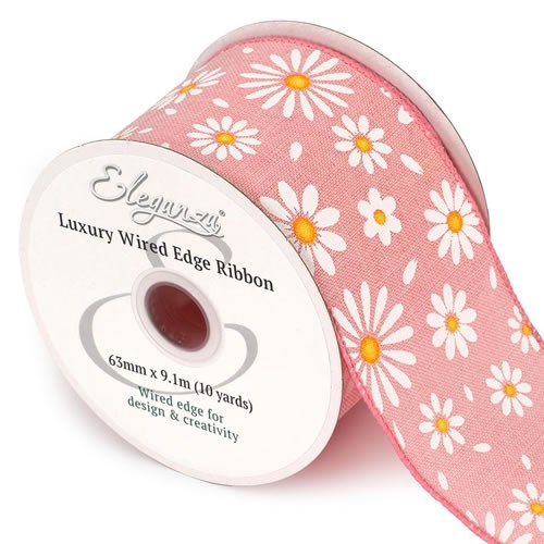 Ribbon White Daisies on Pink - Wire Edge