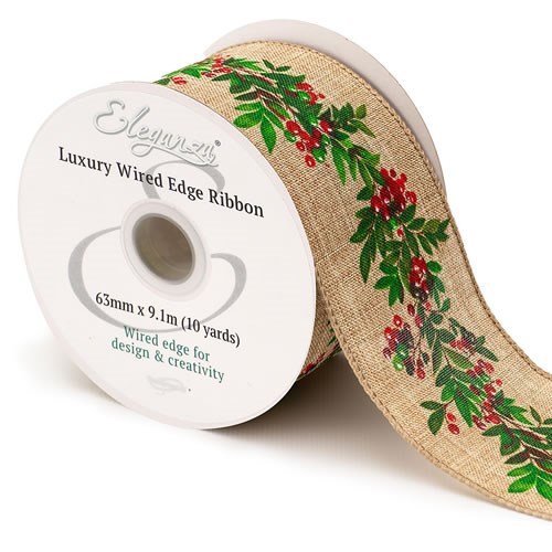 Ribbon - Xmas Berries & Foliage (Wire Edge)