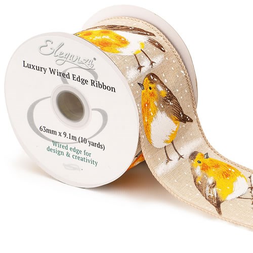 Ribbon - Xmas Red Robin & Snow (Wire Edge)