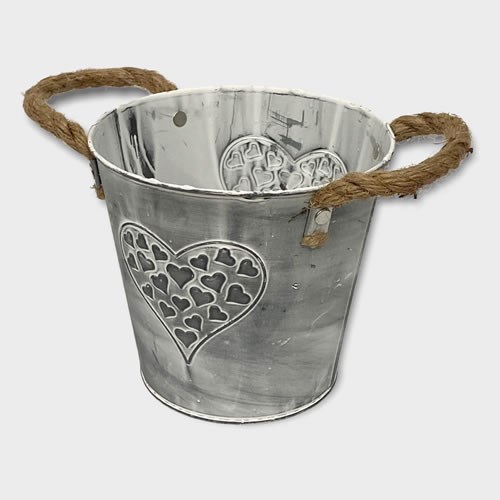 Valentines Zinc Bucket with Heart & Rope Handles 14 x 16cm
