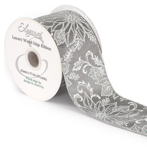 Xmas - Glitter Poinsettia Iridescent Silver (Wire Edge)