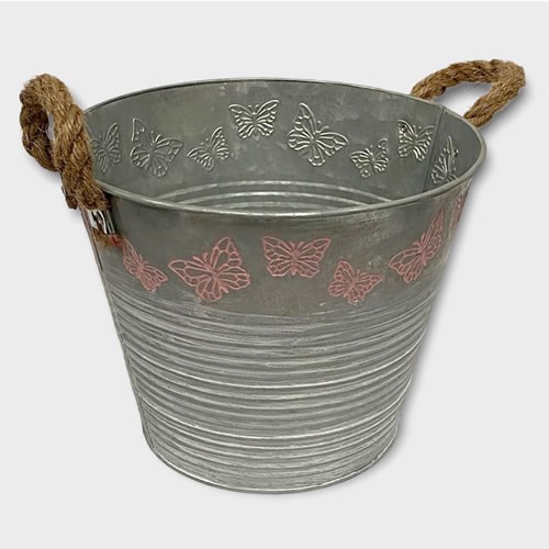 Zinc Bucket with Butterflies & Rope Handles 18 x 22cm