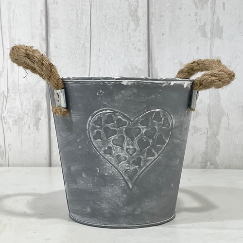 Valentines Zinc Bucket with Heart & Rope Handles 16x15cm