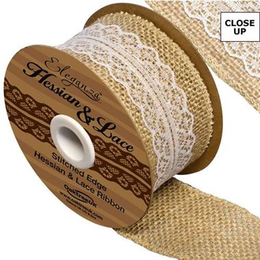 Ribbon - Hessian & White Lace 50mm (woven edge)